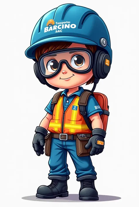 Cartoon of a semi-truck driver wearing personal protective equipment with black boots, blue helmet, Orange vest with reflective tapes, Long sleeve polo with reflective tape and lead, Blue pants, Goggles and leather gloves. The logo must be on the helmet "T...