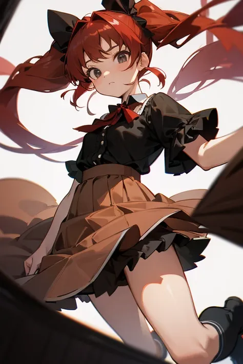 Red haired girl wearing pigtails, brown skirt with lots of ruffles, black blouse,transparent socks 