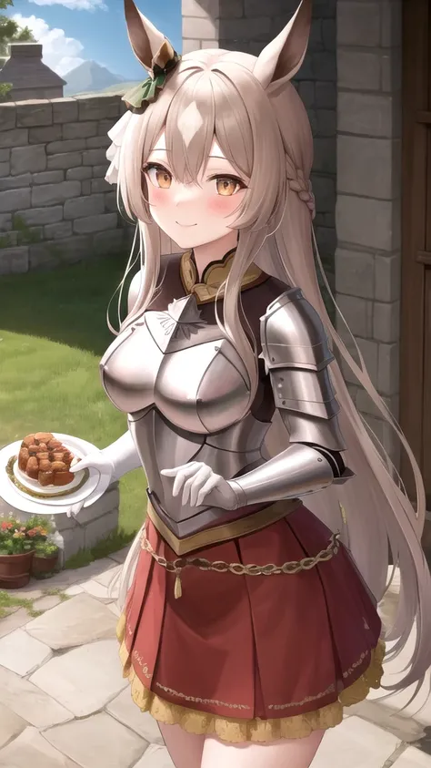 masterpiece, best quality, highres, {{8k}},
BREAK,
aasato, long hair, half updo, braid, hair between eyes, animal ears, ear ornament, medium breasts, plate armor, long red skirt, cowboy shot, shy smile, blush, cute, wide hips, busty,
BREAK,
outdoor, castle...