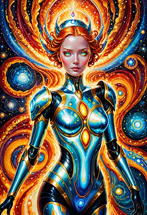 A fiery glowing android, her metallic frame intricately detailed with swirling patterns of shimmering silver and gold. The acrylic painting captures the android standing against a backdrop of swirling cosmic colors, giving off an otherworldly aura. The pre...