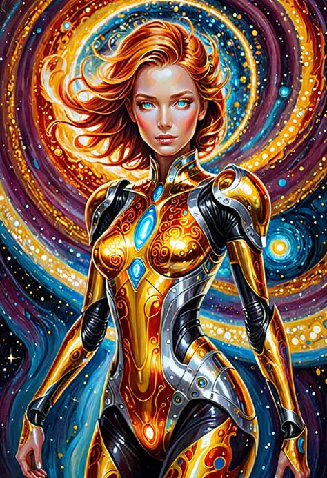 A fiery glowing android, her metallic frame intricately detailed with swirling patterns of shimmering silver and gold. The acrylic painting captures the android standing against a backdrop of swirling cosmic colors, giving off an otherworldly aura. The pre...