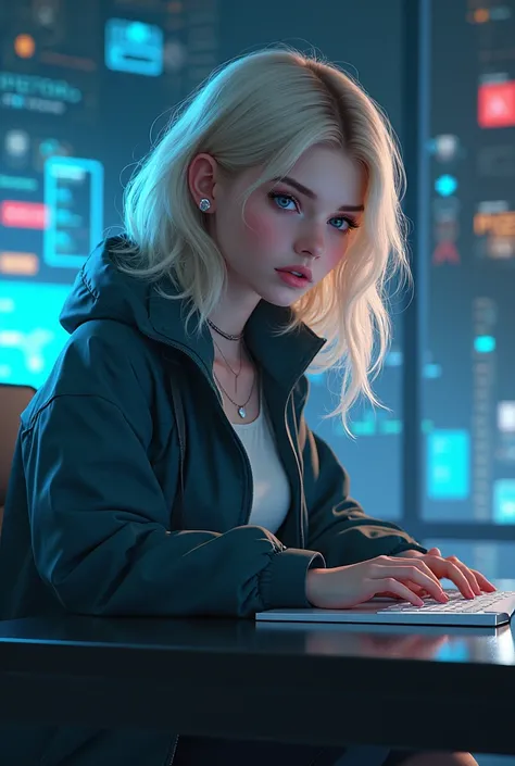 Beautiful hacker girl without sexualization. Has blonde hair airtouch, pale skin, doesnt wear glasses. Sits in front of opened laptop. Cyberpunk style