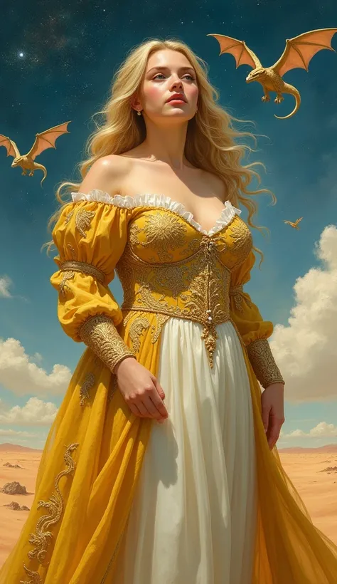 fantasy book cover full body landscape portrait, a (golden blonde maiden), curvy, golden gold bright eyes, large busted and round faced, plump, intricate modest gold yellow white gown, medieval fantasy desert landscape, astral blue stars, sun, dragons, rea...