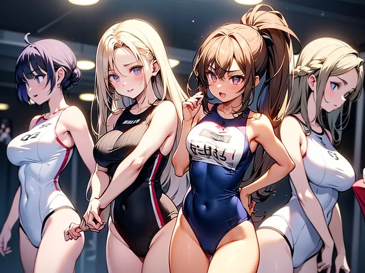 4girls:1.5、(((white blond hair:1.5、4 girls:1.5)))、((4 girls:1.5、forehead:1.5、Standing、Long eyelashes、track and field:1.5、Track and field club、Gym suit:1.5、low angle shot:1.5、Gal:1.5、frontal face:1.5、A calm face、Purple Hair:1.5、Northern Europe、White、beautif...