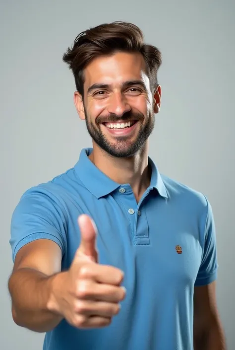 Create the image of a beardless young man wearing a blue polo shirt with a shirt collar and thumbs up
