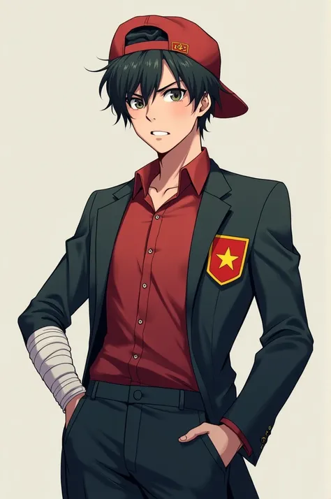 Anime boy, wear a suit, injured right hand must be bandaged, Vietnam flag logo shirt pocket, hat backwards