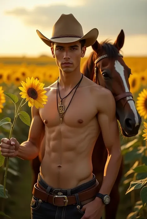  young handsome beautiful white skin skinny soft skin cowboy with a sunflower in his hand in sunflower field shirtless with a horse and a handsome friend