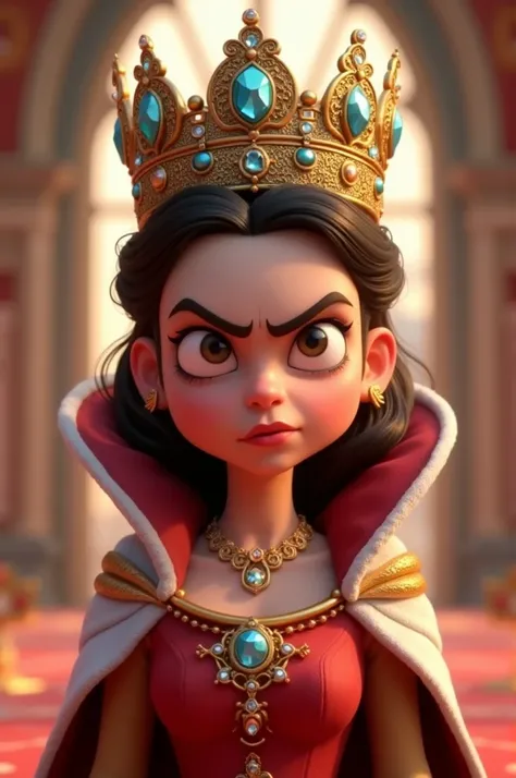 queen, must wear crown, Your body must be modest, It should look angry and the image should be animated for children.