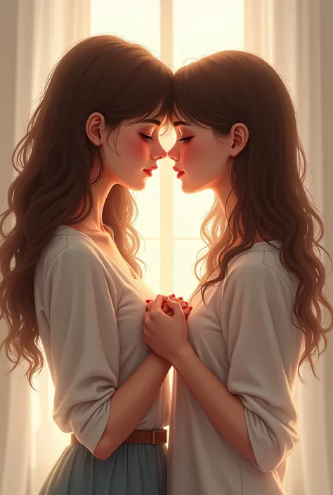 NOW CREATE A DRAWING OF 2 girls, one of them is tall with brown hair and it reaches her back and they have wavy hair and white skin and the other is a little shorter than the other, reaching her chin, she has skin that is a little less white with SHORT HAI...