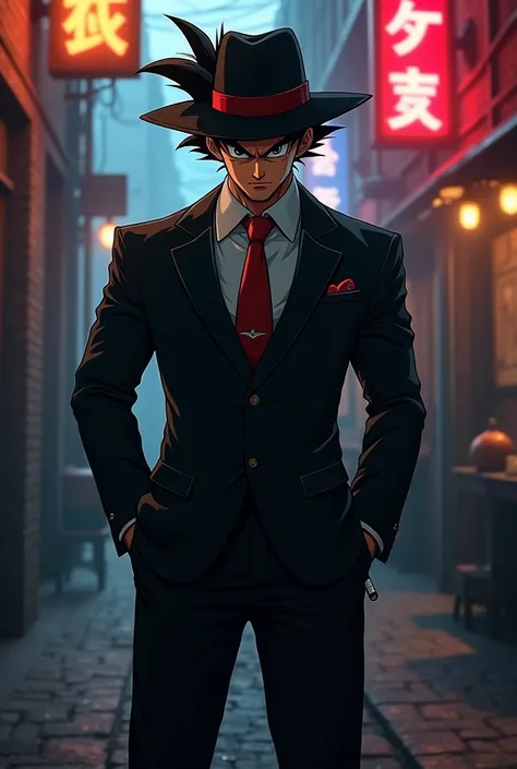 {
  "prompt": "Goku reimagined in a gangster style, wearing a sharp black suit with a red tie, and a fedora hat with the brim low over his eyes. He has a confident, intense expression, with a slight smirk on his face. His signature spiky hair peeks out fro...