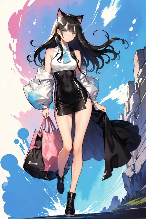 full body, a cat woman, she has freckles, she has dark brown eyes, and an upturned nose, she is happy and smiling, she has long wavy hair, black hair, she is wearing aviator sunglasses with clear lenses in a soft watercolor style. The girls clothes must be...