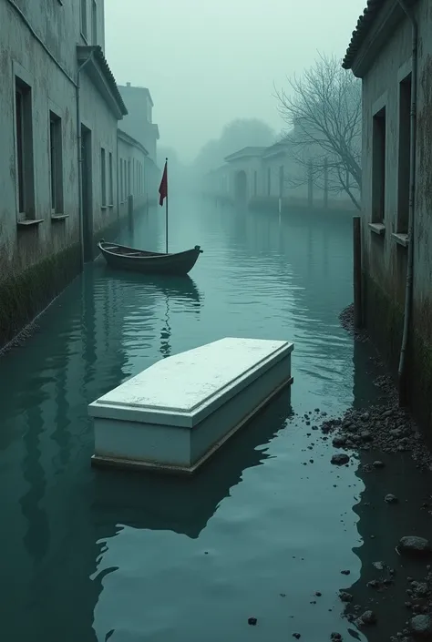 A flood prone area where everything is submerged. There is water everywhere. A body wrapped in a white coffin is floating in a corner in the middle of that water. And there is a flag on the boat