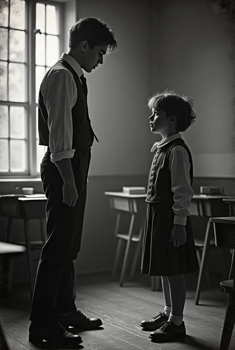 Old black and white image of a 21 and 2 couple arguing at school 