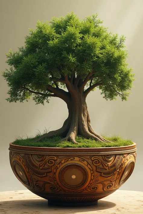 in an indigenous vessel, Create a tree in the center that represents life  