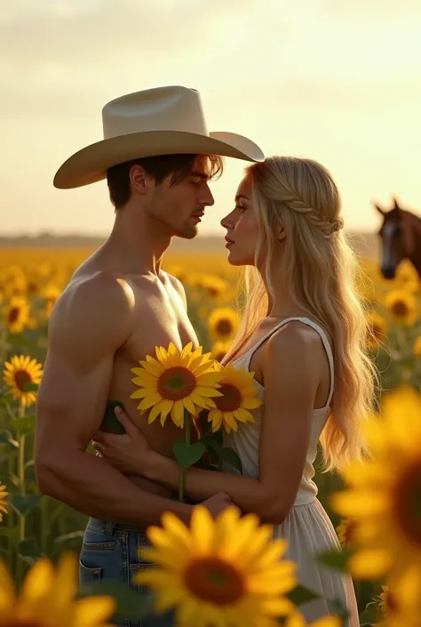 2 young handsome beautiful white skin skinny soft skin cowboy with a sunflower in his hand in sunflower field shirtless with a horse