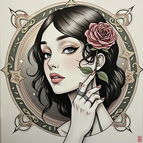 Art Nouveau and Neo Trad Flash Tattoo - Hand Holding a Rose
Main Element - Female Hand: A stylized female hand would be the central focus of the design, drawn with clean, smooth lines typical of neo traditional. The hand would be in an elegant pose, delica...