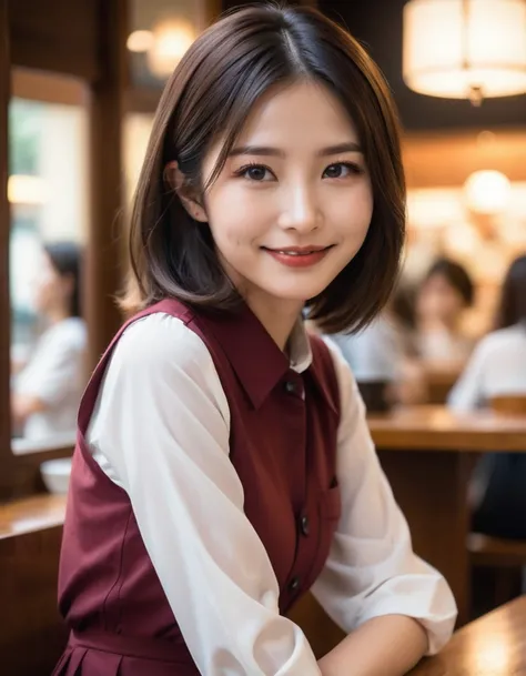 Japanese women, (Old-fashioned smile:1.2),(Soft Light:1.8),(Natural light),
Dark red shirt and skirt in a coffee shop,
sit,
(Bob Hair)