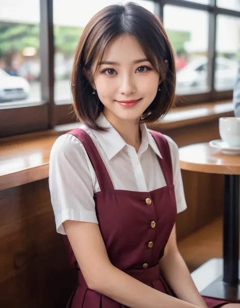 Japanese women, (Old-fashioned smile:1.2),(Soft Light:1.8),(Natural light),
Dark red shirt and skirt in a coffee shop,
sit,
(Bob Hair)