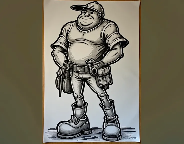 best quality, highres, masterpiece:1.2, ultra-detailed, cartoon :1.37. , white background, monochromatic, line drawing, sketch., ensuring the lines are clear and well-defined for easy coloring.  wearing a tool belt ready to work