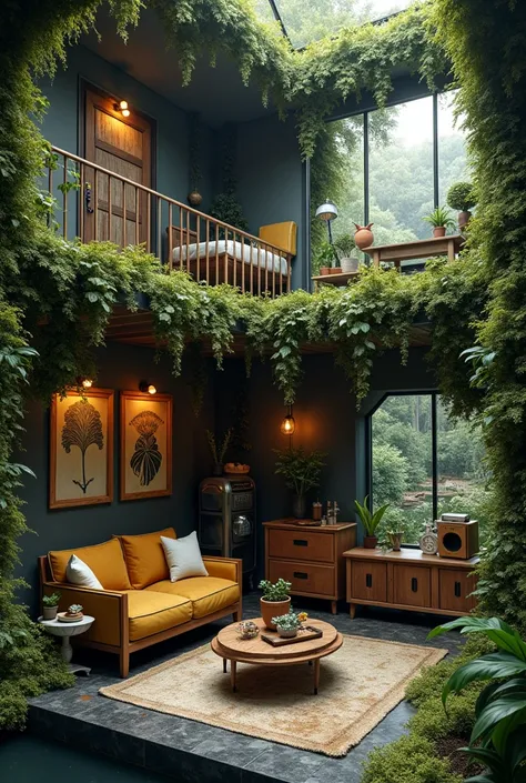 a cozy and aesthetic loft house but the interior is biopunk with lots of vines and lush

this also consists of a loft bedroom, a mini kitchen and bar, and an sunken living room

add moss and fungi everywhere 

add a beautiful pond oustside of the window ne...