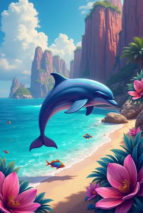 Create a dolphin on an even more colorful beach