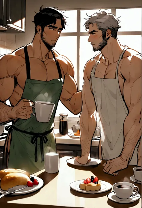 Highest quality、masterpiece、(Two manly men:1.5)、A muscular man with black hair wearing a nude apron、A gray-haired, muscular man in pajamas、(short hair:1.2)、kitchen、Light of the sun、Breakfast and coffee on the table、Talking happily、Gay