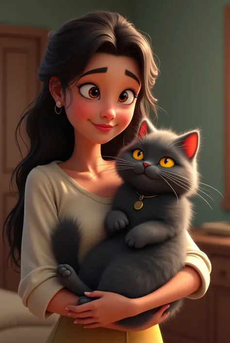 A cat name hairo and hes boy and hes skin color is grey black and his eyes are yellow and his a persian cat and he is disney cat and the girl name nicole is woman carrying hairo cat