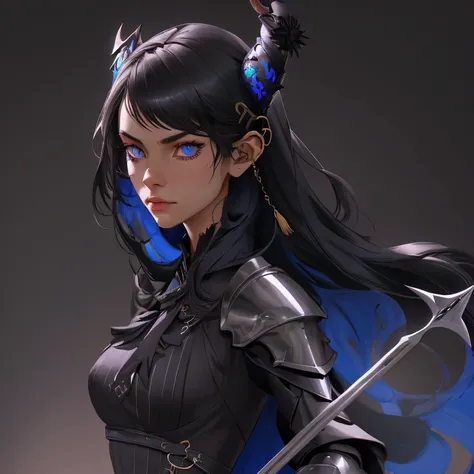 envision a 8k, highres, cinematic, close up beautiful portrait of a Tall woman named Nerissa Novella with long black hair, devil horns, blue eyes, wearing a black sleek dress with magic attachments and armor plates wielding a tuning fork spear against a da...