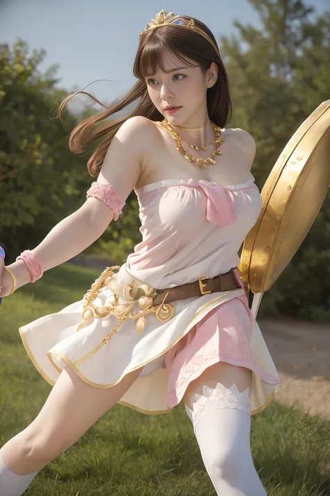 masterpiece, Highest quality, High resolution, hmpa1, pink, Parted bangs, Battle Tiara, Large Breasts, Golden Necklace, Exposing shoulders, Strapless Dress, Arm guard, belt, White Dress, White knee socks, Single knee socks, Outdoor, holding staff, staff, H...