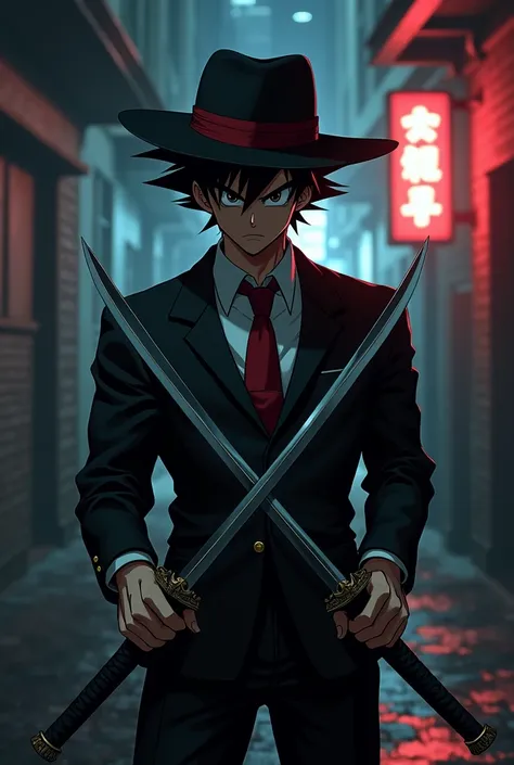 {
{
  "prompt": "Goku reimagined as a gangster wielding two katanas, dressed in a sleek black suit with a red tie, and a fedora hat tilted slightly to one side. His spiky hair is still visible beneath the hat. Goku has a serious, intense expression, with a...