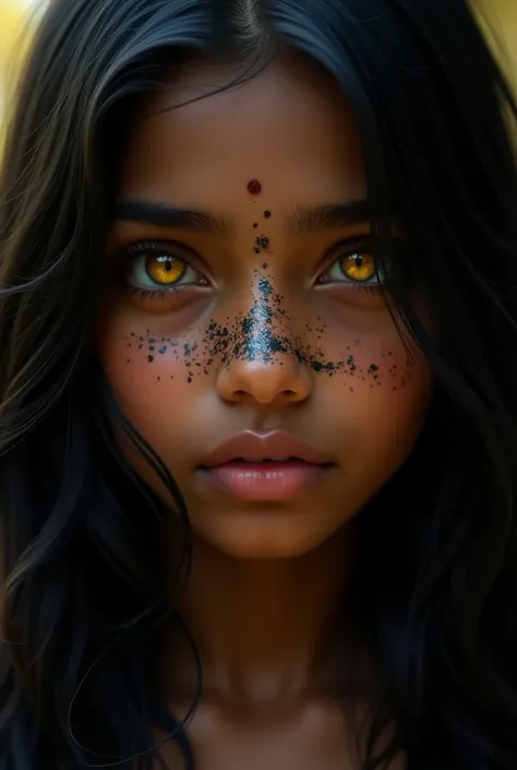 Indian teenage girl, dark skin brunette, black straight hair, light yellow eyes, splattered nose 
