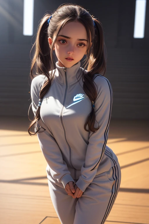 1 girl,beautiful detailed eyes,beautiful detailed lips,extremely detailed face,longeyelashes,long dark hair,twin ponytails,light gray sweatsuit,Nike sneakers,standing on university sports court,looking at viewer,sweet expression,athletics court,highly deta...