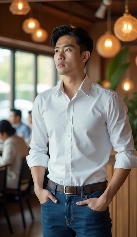 Image of a young black-haired Korean man dressed in blue jeans and a white shirt inside a restaurant looking for a job