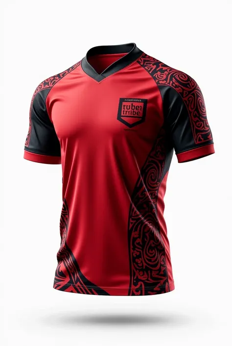 Create for me rugby jersey on sleeve maori pattern  colour red black white/black collar wrote lake tribe rugby white background jersey only no model clear design front view