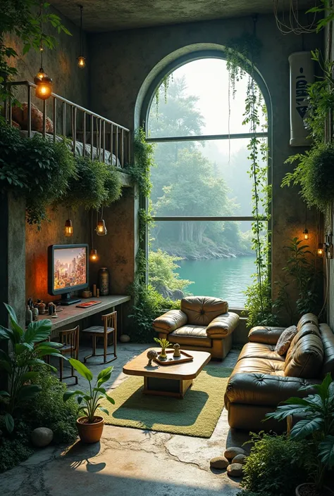 a cozy and aesthetic loft house but the interior is biopunk with lots of vines and lush

this also consists of a loft bedroom, a mini kitchen and bar, and an sunken living room

add moss and fungi everywhere 

add a beautiful pond oustside of the window ne...