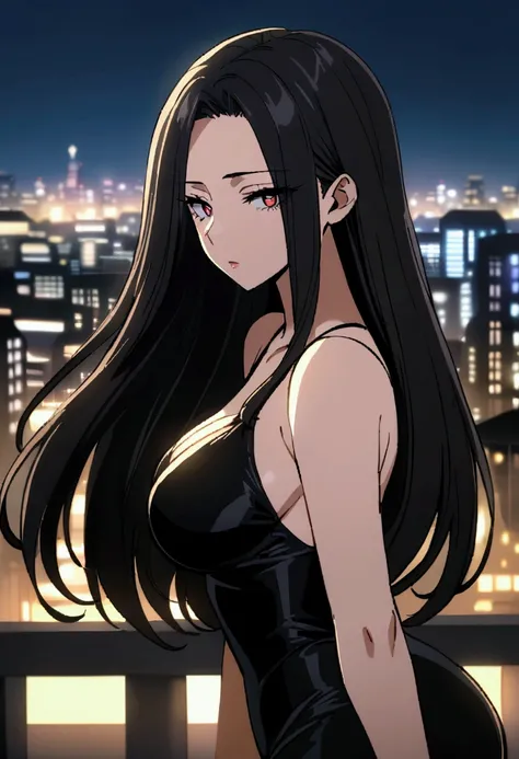 masterpiece, Highest quality, High resolution, 30 year old woman, slanted red eyes, beautiful and attractive, slanted eyes, long hair, straight black hair, perfect hair, mature face, mature woman, ANIME, sensual, anime woman, my hero academia (mappa style)...