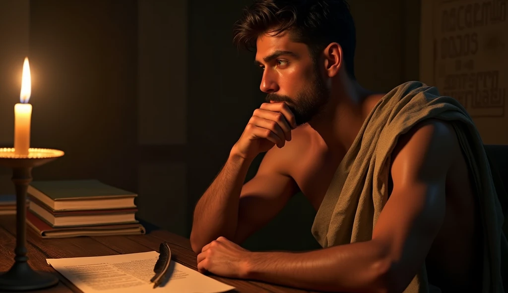 In a dimly lit Roman study, the young Stoic philosopher sits at a sturdy wooden table, his fingers gently touching his lips as he ponders deeply. The soft glow of an oil lamp flickers, casting warm light across his chiseled, bronzed features. His short, wa...