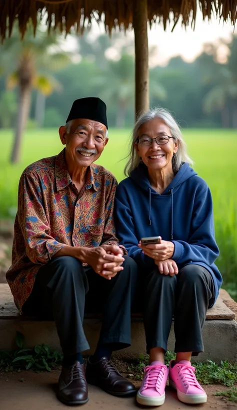 A 60 year old Indonesian man, thin mustache without beard, wear a black Muslim cap, pakai baju batik dan long pants, wearing leather shoes, sit down, smile facing the camera, Beside him there is a beautiful Indonesian woman, his body is quite fat, fair ski...