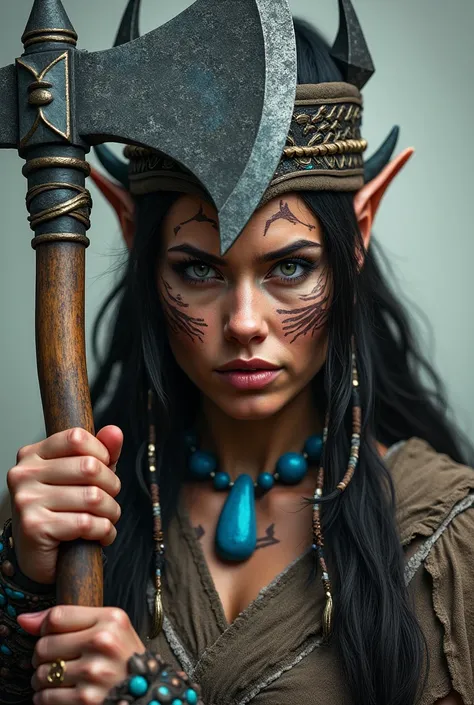 Close up viking warrior with axe in hand, Woman, axe next to the face, large head ornament , blue neck necklace, tattoo in face