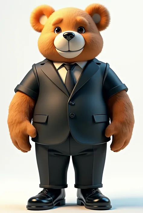 3D illustration of a tall and big, chubby teddy bear dressed in a black suit without a tie, black dress shoes, and a belt, nerdy, middle-aged, with a wise face and a beautiful smile, in 4K. The illustration should have an adult, sophisticated style, with e...