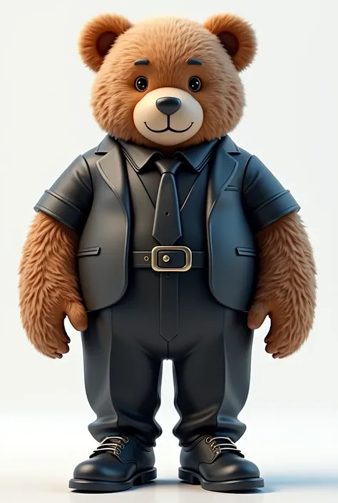 3D illustration of a tall and big, chubby teddy bear dressed in a black suit without a tie, black dress shoes, and a belt, nerdy, middle-aged, with a wise face and a beautiful smile, in 4K. The illustration should have an adult, sophisticated style, with e...