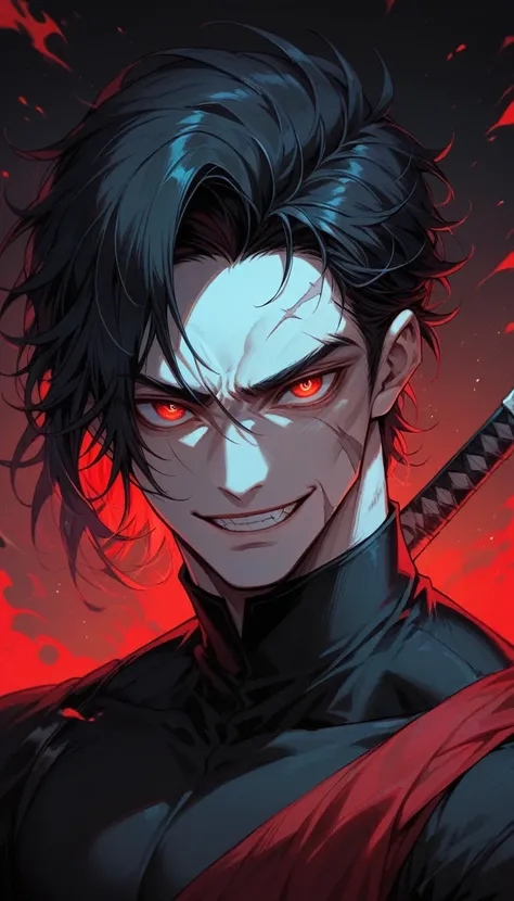 A boy with long black hair and bright red eyes with vertical pupils, in a dark environment with scars across his face, he had an expression of a slight smile. But his eyes looked like the eyes of a madman 