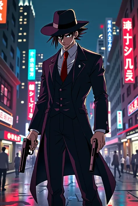 {
  "prompt": "Goku reimagined as a gangster in the heart of a bustling city at night, dressed in a tailored black suit with a red tie, and a fedora hat pulled low over his eyes. His spiky hair is partially hidden by the hat. He stands confidently in the m...