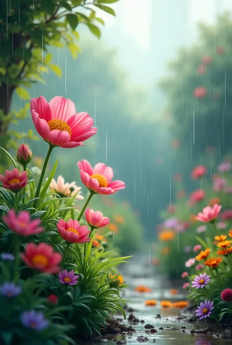 Flowers garden pic with rain 