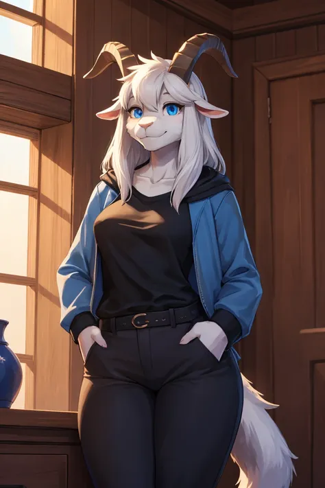 woman, alone, in a house, furry, Goat, anthropomorphic goat, Asriel, Undertale, medium breasts, big ass, medium wide hips, perfect body, tall, long hair, blue eyes, anthro face, cartoon, smile, blue coat, black t-shirt, brown pants, goat tail, looking at t...