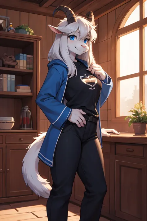 woman, alone, in a house, furry, Goat, anthropomorphic goat, Asriel, Undertale, medium breasts, big ass, medium wide hips, perfect body, tall, long hair, blue eyes, anthro face, cartoon, smile, blue coat, black t-shirt, brown pants, goat tail, looking at t...