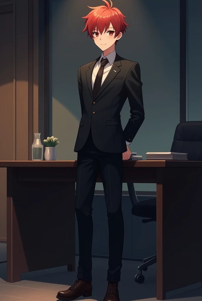 create an anime style image, There is a young adult man, thin but not that much, White skin, red hair and hazel brown eyes, He is wearing a black suit with a black tie and dark brown shoes., He is standing next to a table with his hands behind his back and...