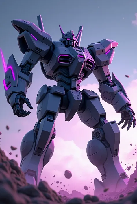 black, Gunmetal color, Fluorescent purple, anime, Giant Robot, fluid, Junmin, Like a small fry, Full body image of the robot, Fighting with the enemy, Simple Background,universe, 