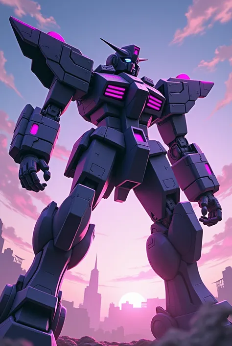 black, Gunmetal color, Fluorescent purple, anime, Giant Robot, fluid, Junmin, Like a small fry, Full body image of the robot, Fighting with the enemy, Simple Background,universe, 