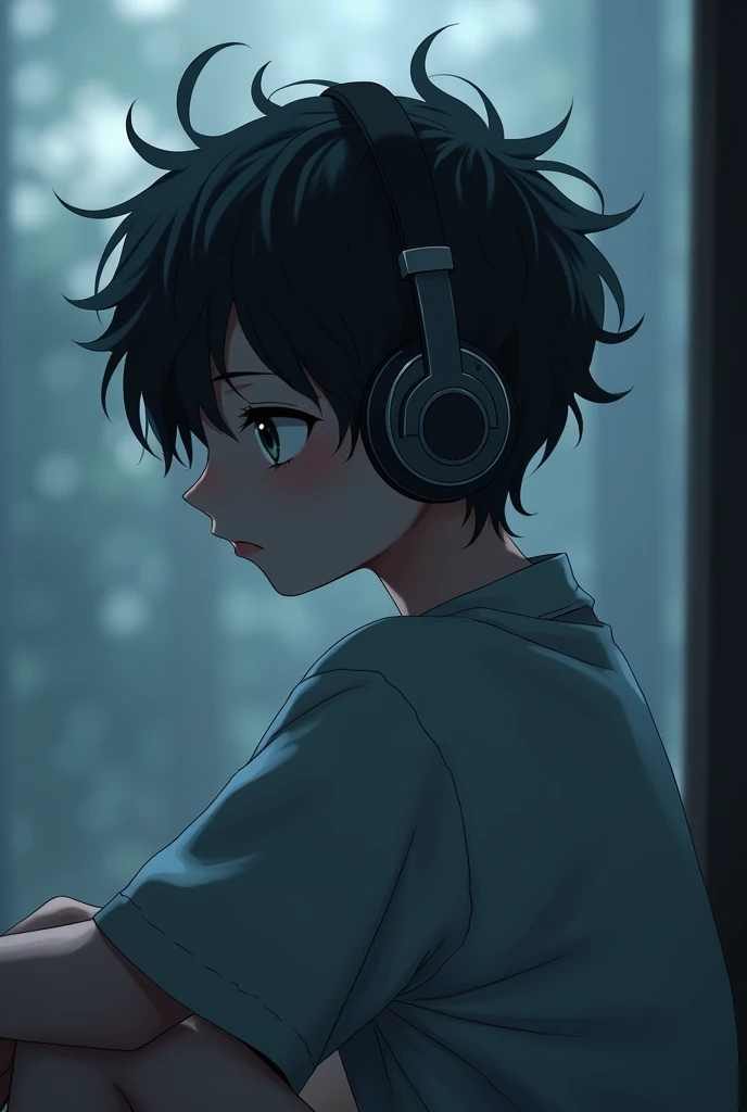 An anime boy wearing headphones and he is listening to a satisfaction song with his eyes closed and the boy was very sad